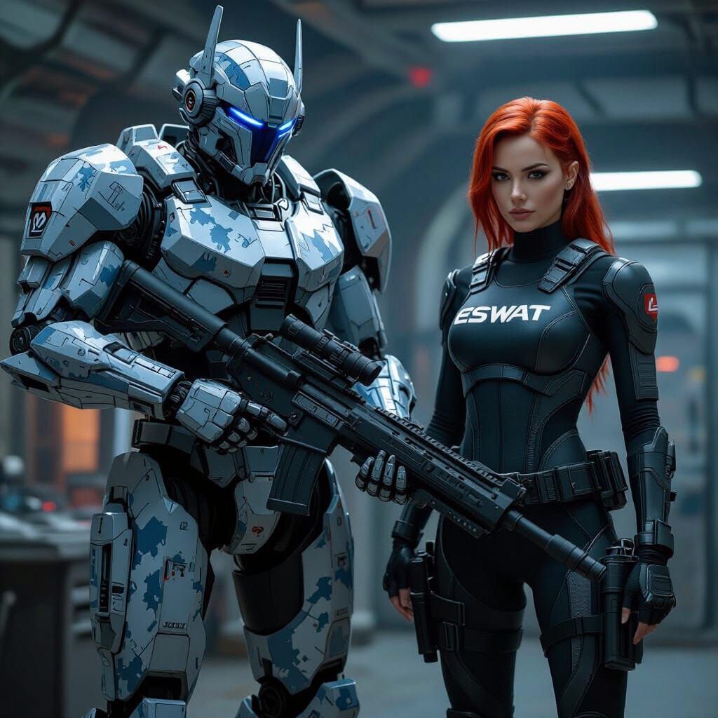 Camouflage Cyborg and ESWAT Officer in Futuristic Command Po...