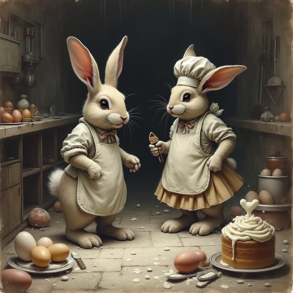 Easter Bunny in a Frenzied Kitchen Scene