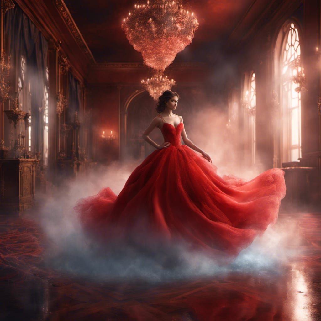 Woman in Red Gown in Ballroom: Fantasy Concept Art