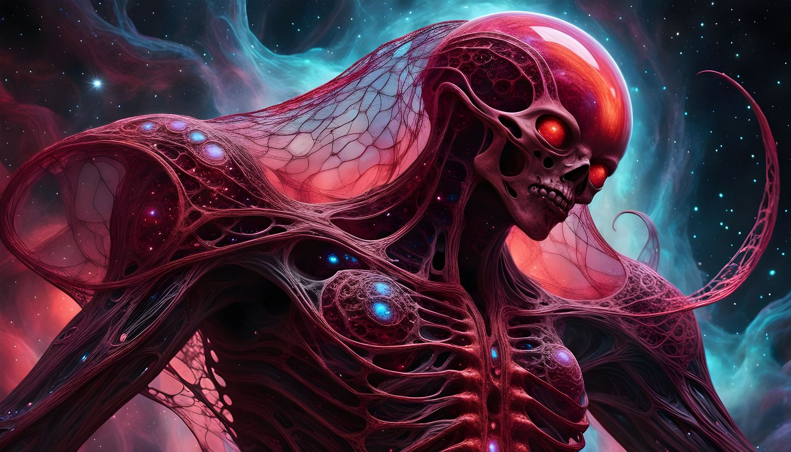 Crimson Colossus in Dying Nebula: Deep Space Photography