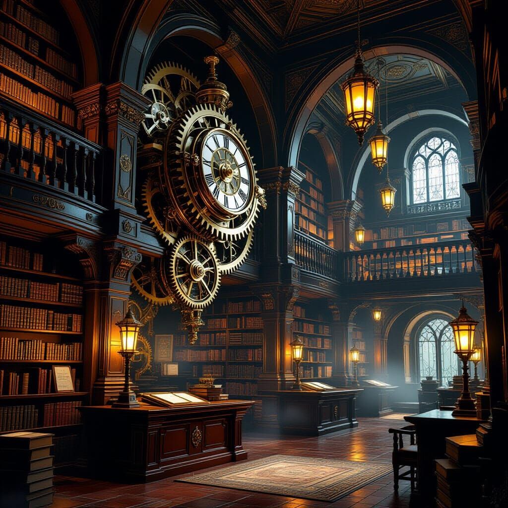 Steampunk Library with Clockwork Gears and Lanterns