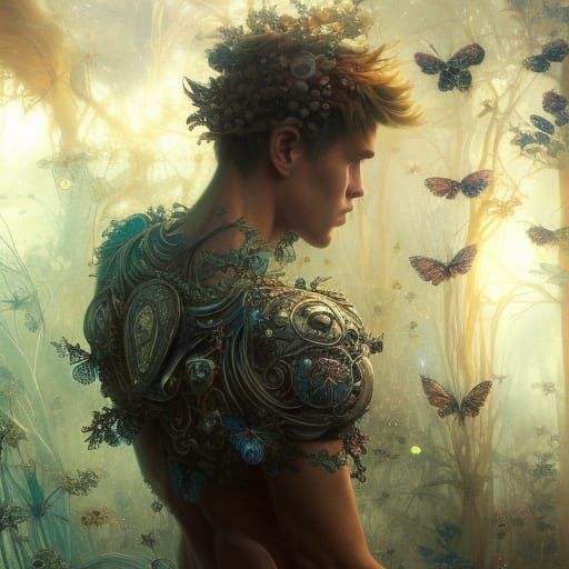 Dreamy Young Man with Fireflies: Ornate Digital Artwork