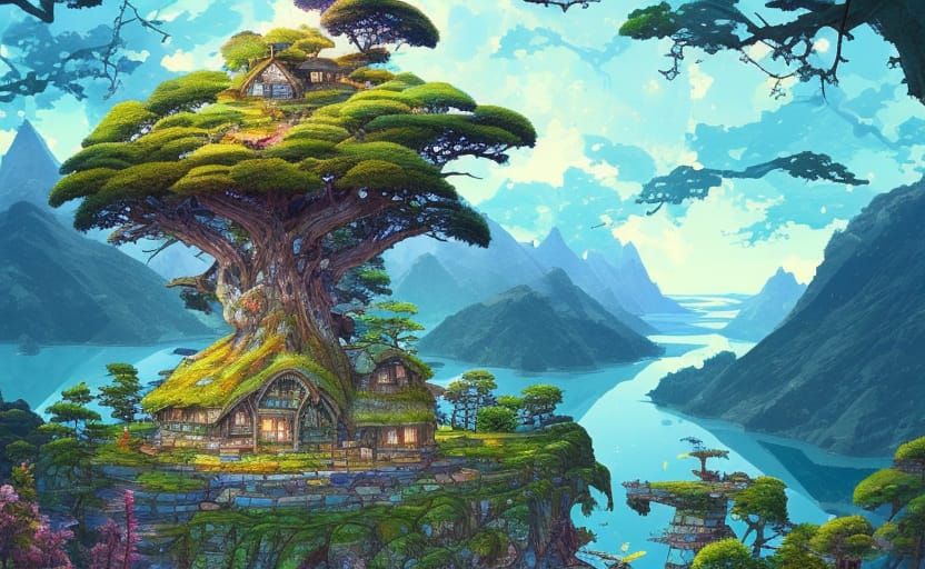 Cottage on Mountain Lake with Ancient Tree
