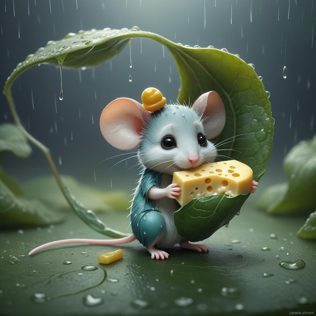 Adorable Mouse Enjoys Rainy Day Cheese Feast