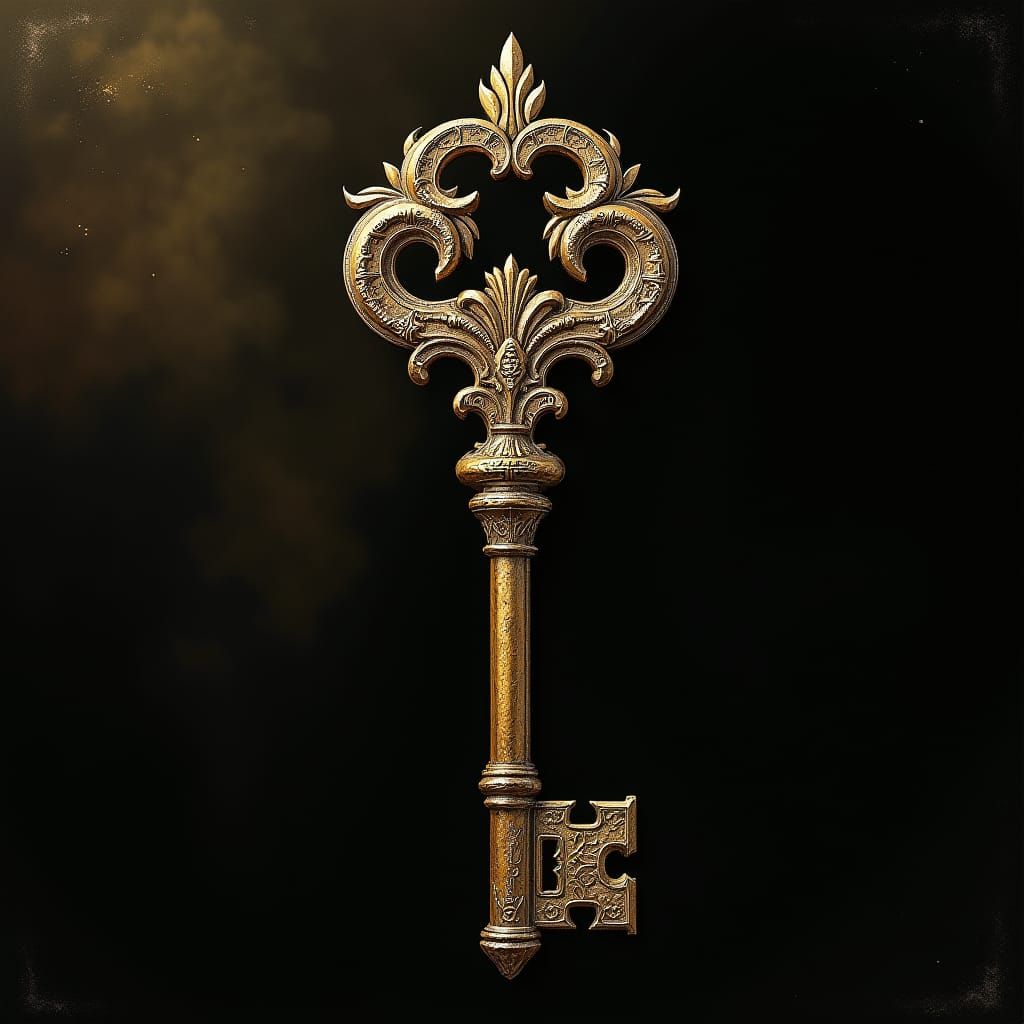 Ornate Golden Key Suspended in Air, Rembrandt Style