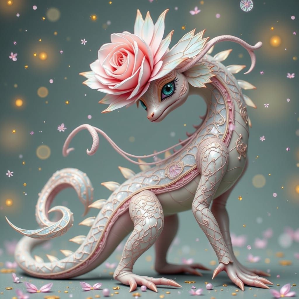 Whimsical Rose-Dragon Hybrid in Pastel Hues