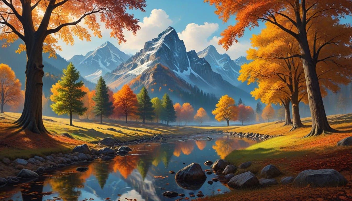 Vibrant Cityscape with Autumnal Elements in Digital Art