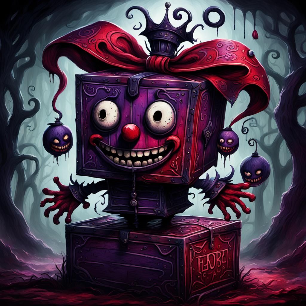A whimsical depiction of a jack-in-the-box, Tim Burton style