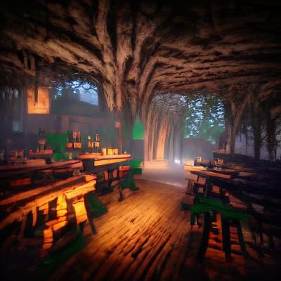 Dark Tavern Amidst Giant Trees with Volumetric Lighting
