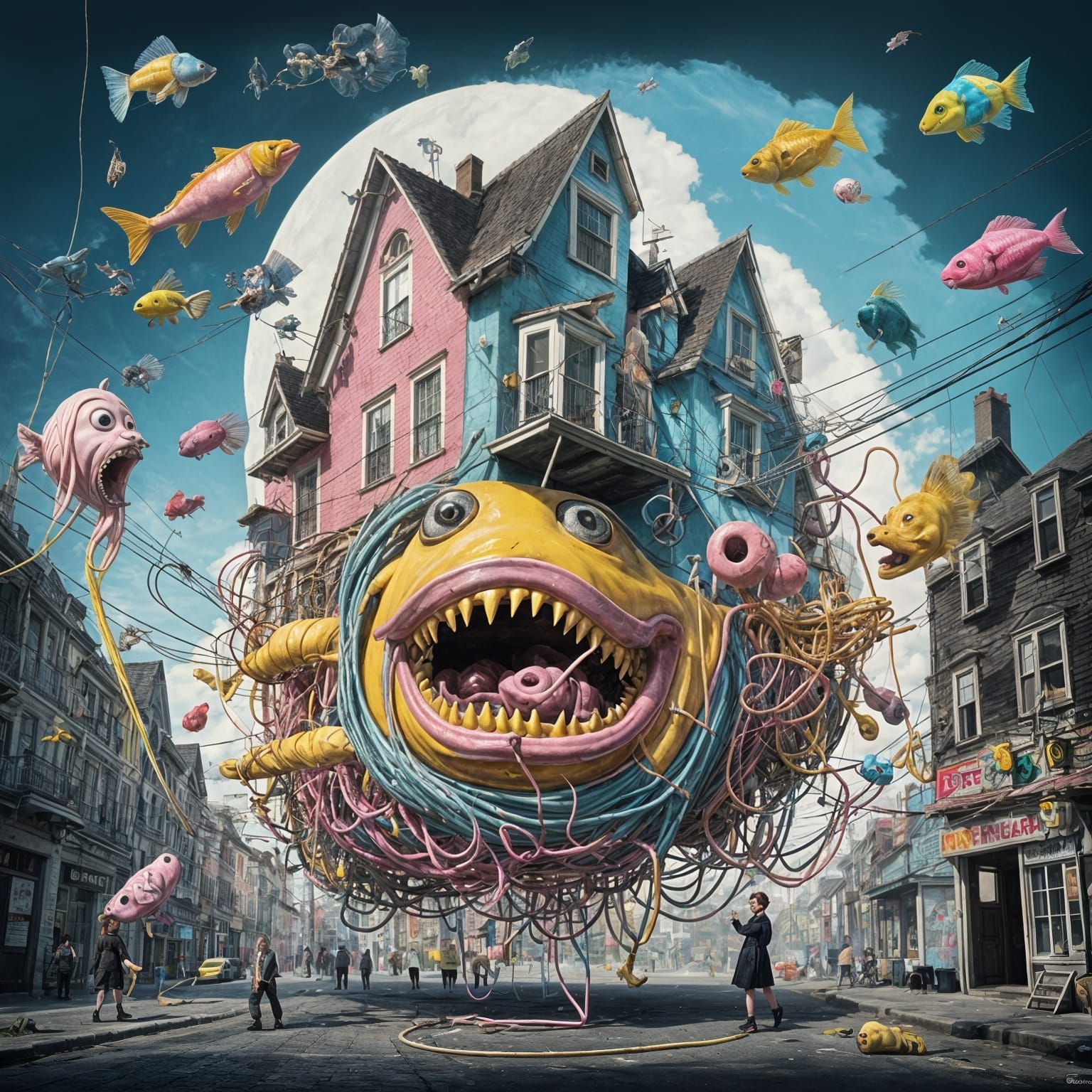 Surreal Dada Street Scene with Walking Dogs