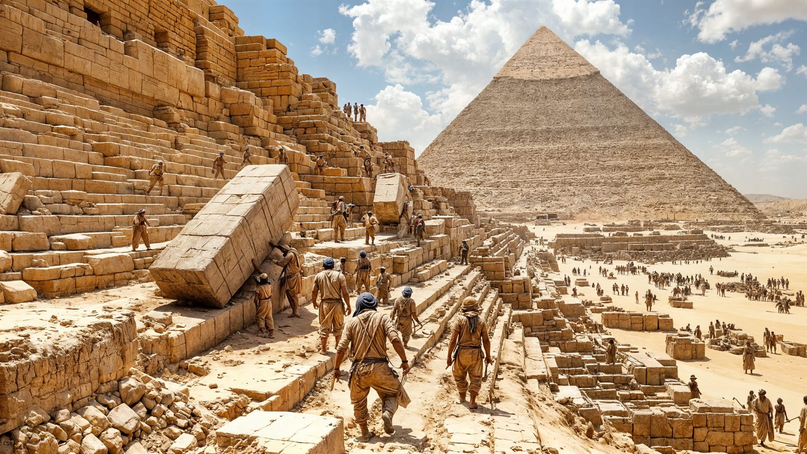 Ancient Egyptian Laborers Constructing the Great Pyramids in...
