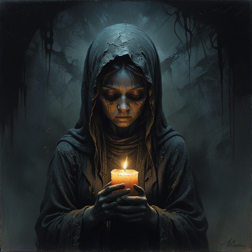 Child Illuminated by Flickering Candle in Dark, Ominous Goth...