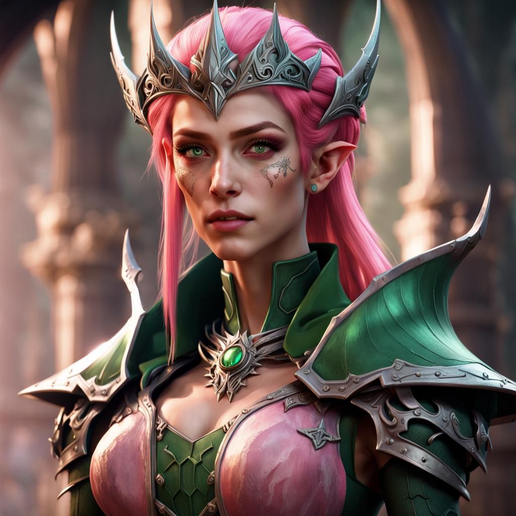 High Elf Necromancer in Green Armor, Detailed Art