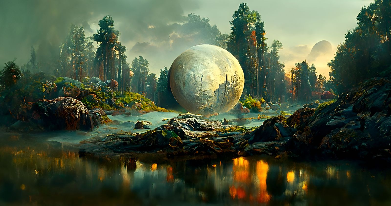 Mystical Alien Moonrise Over Forest Lake in Kinetic Pointill...