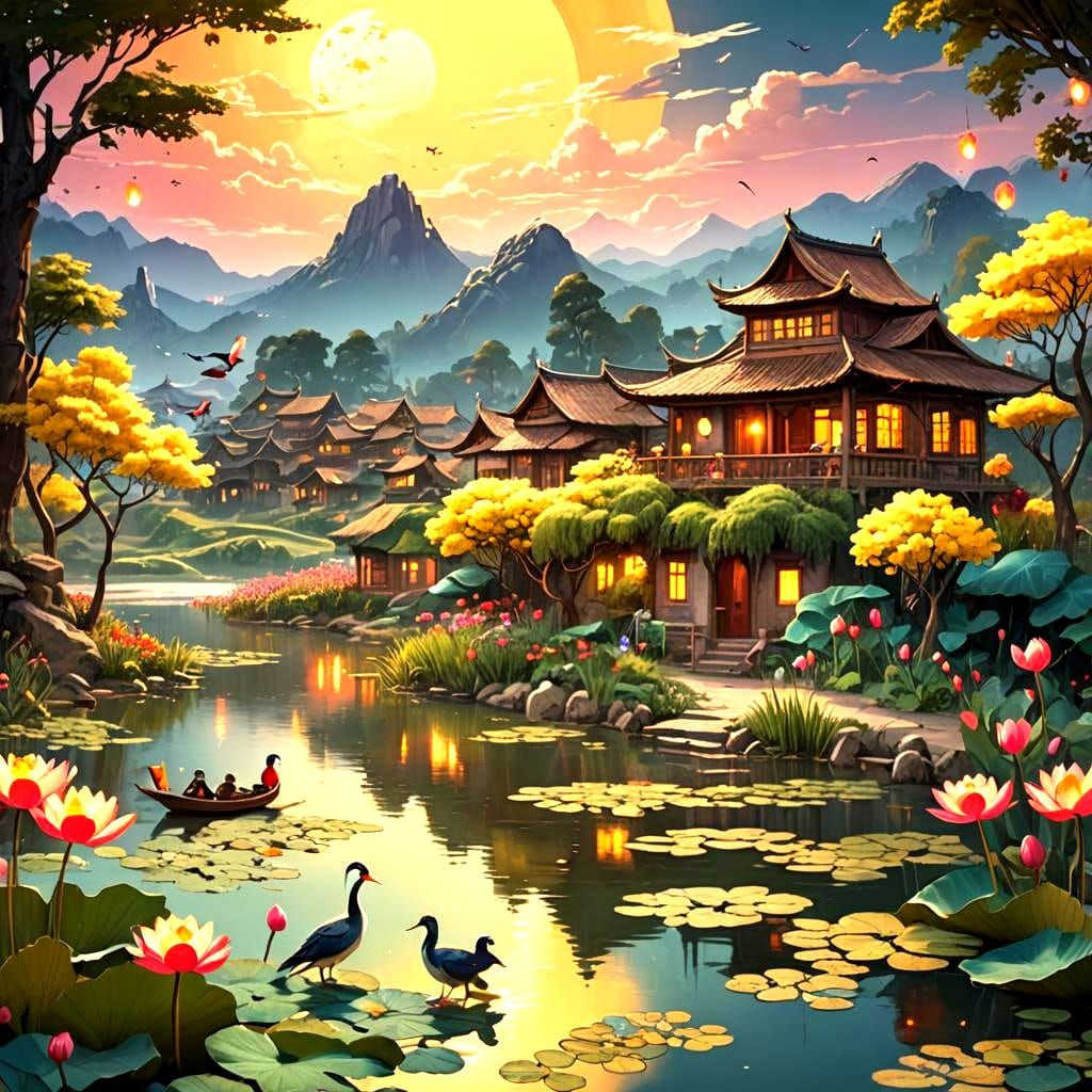 Lakeside Village Sunrise: A Detailed Matte Painting