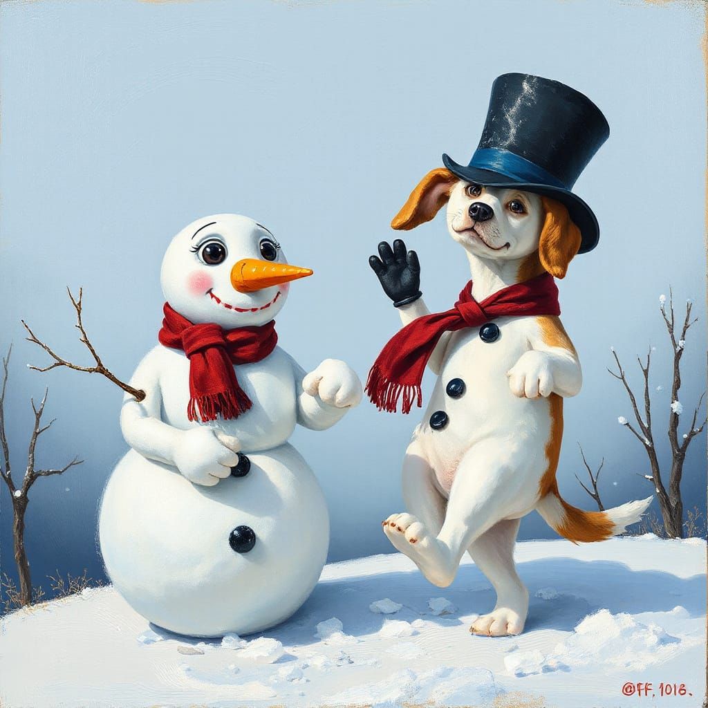 Scared Snowman Faces Dog's Pee in Winter Wonderland