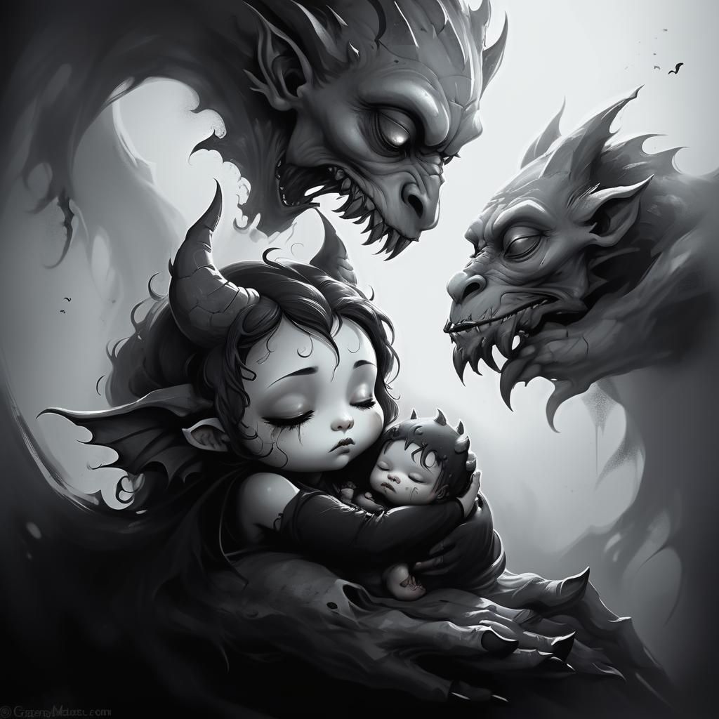 Caring Gargoyle: A Surreal Fantasy in Ink