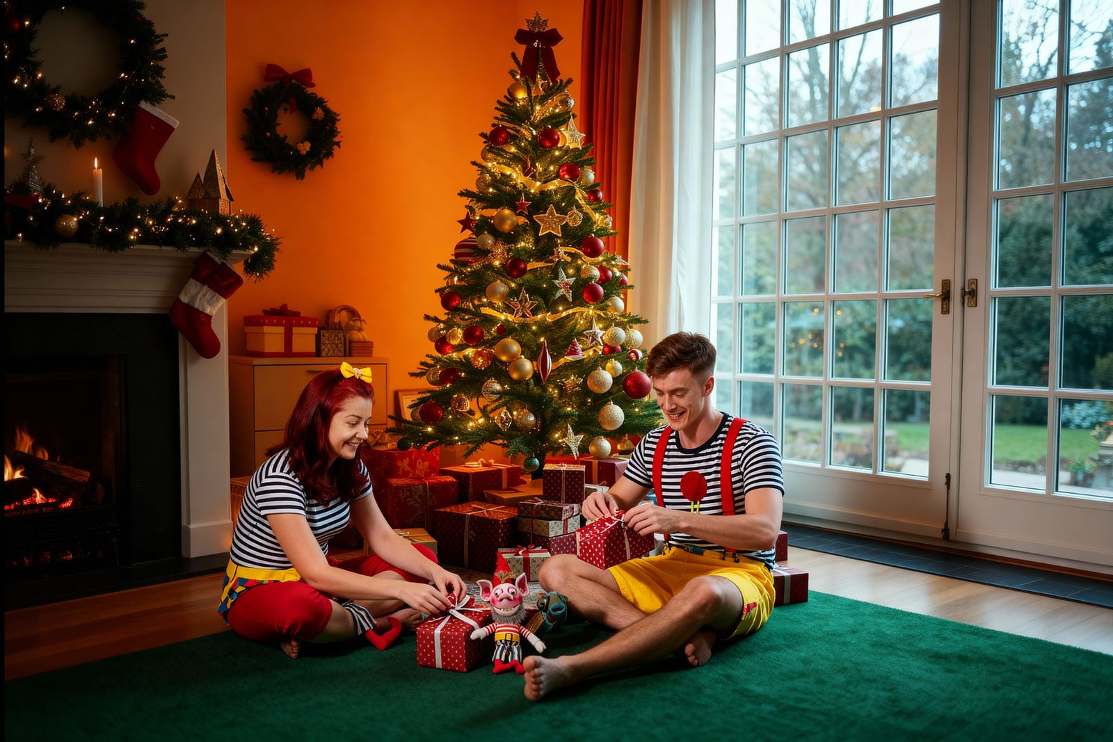Family Opens Presents by Christmas Tree