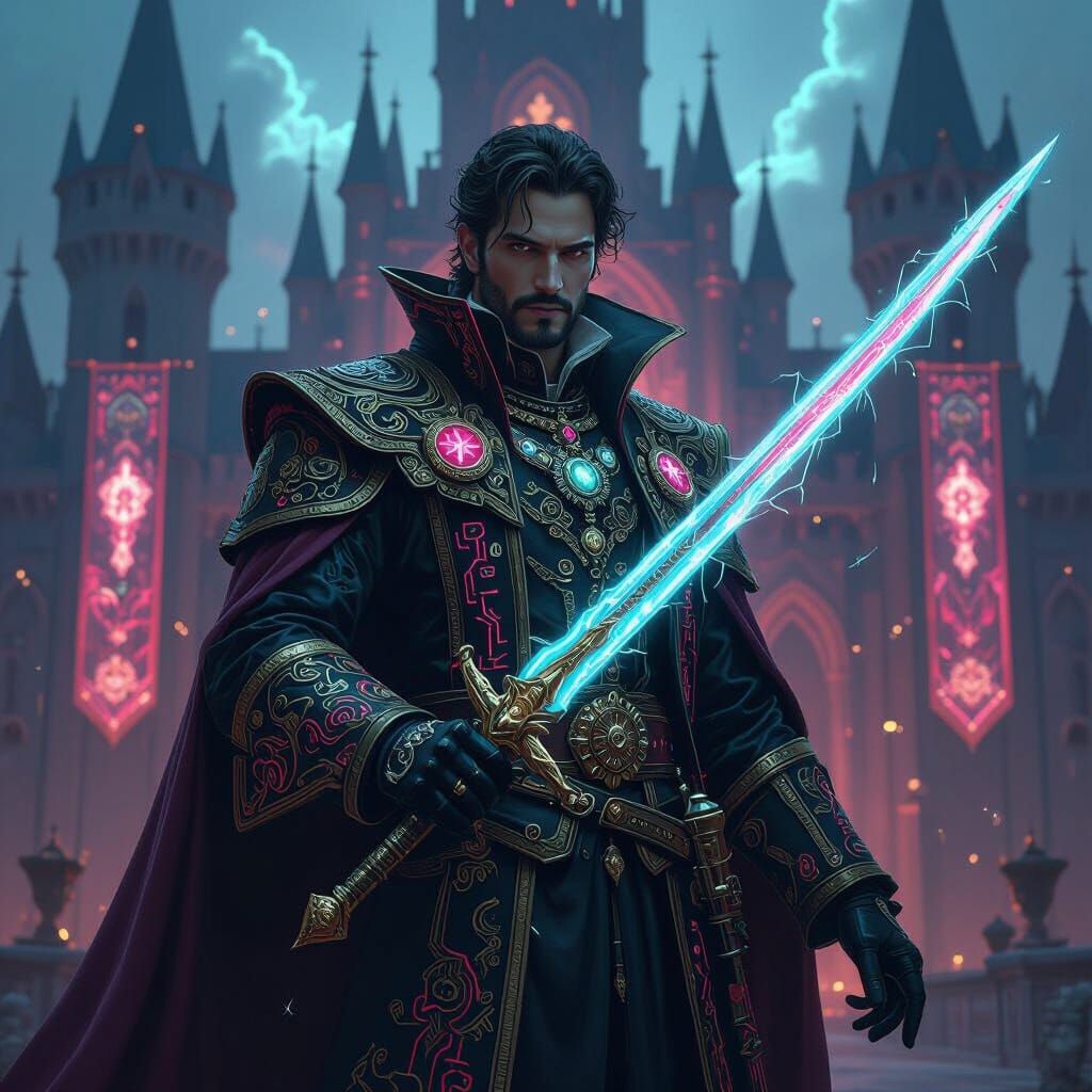 Cyberpunk Aristocrat Wielding Energy Rapier