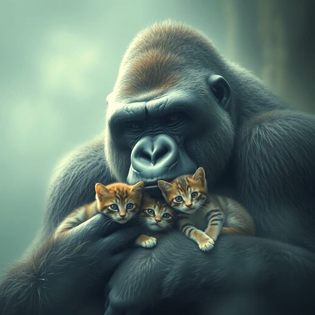 Silverback Gorilla Hugs Kittens in HDR Photo