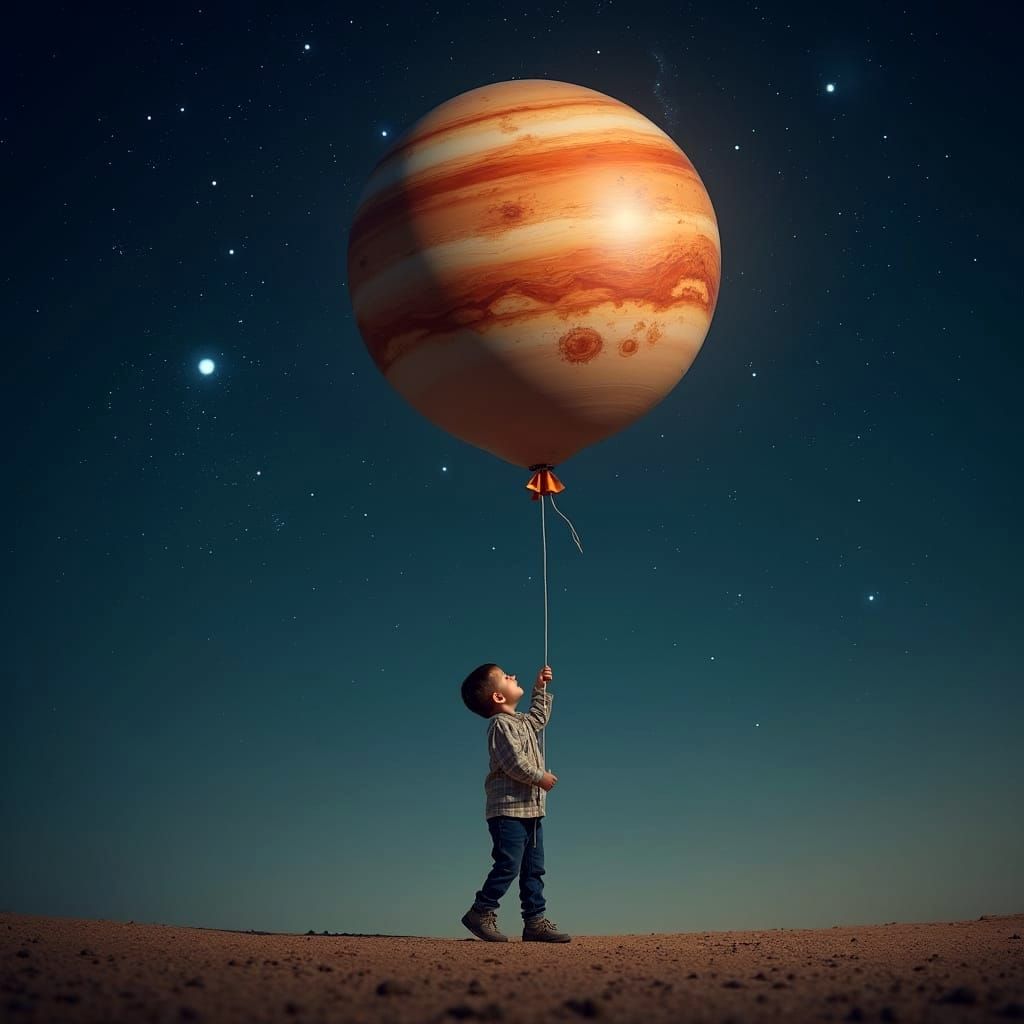 Boy Holds Planet Balloon in Starry Night Sky