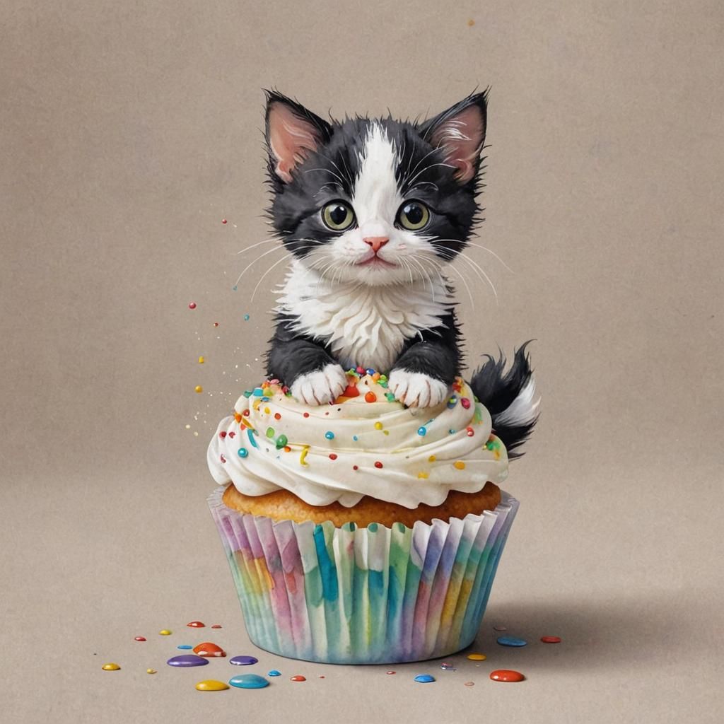 Kitten on Cupcake with Watercolor Splash in Art Nouveau