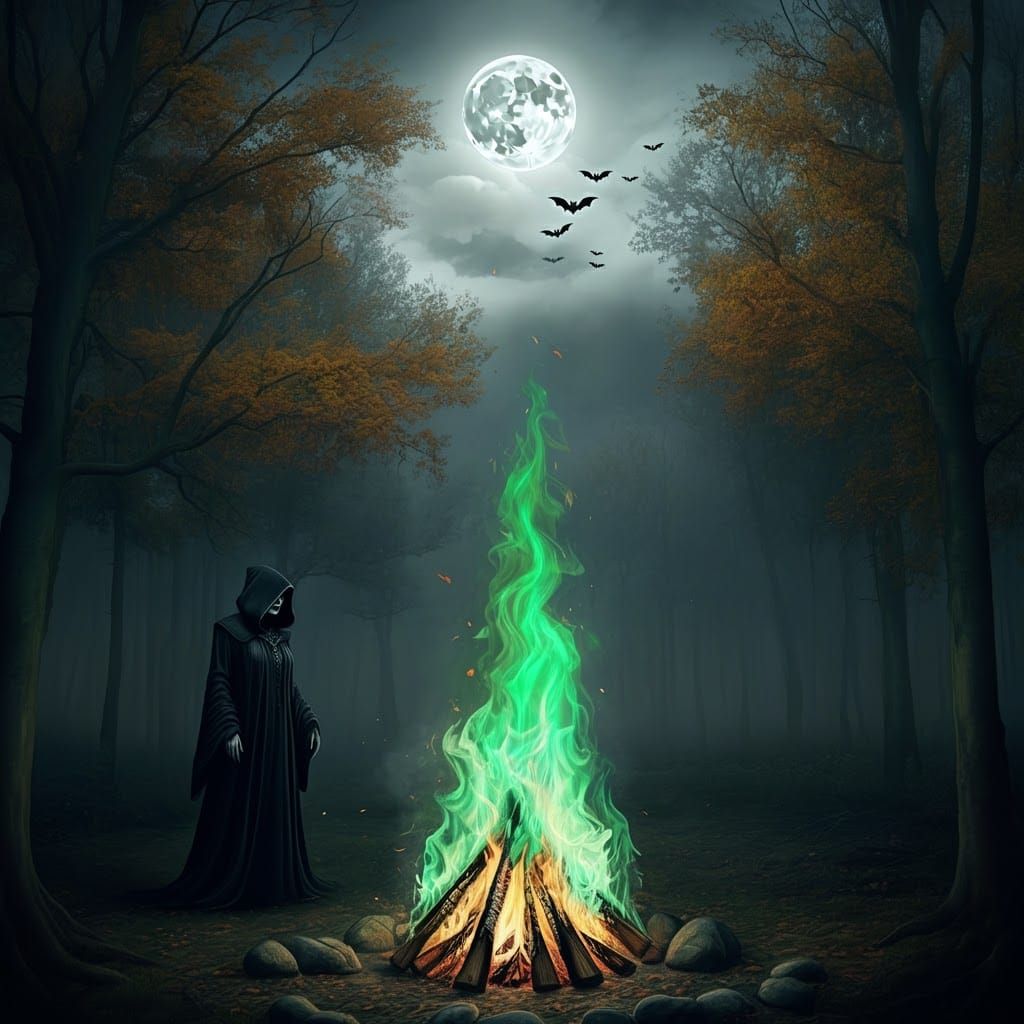 Eerie Forest Campfire with Gothic Apparition