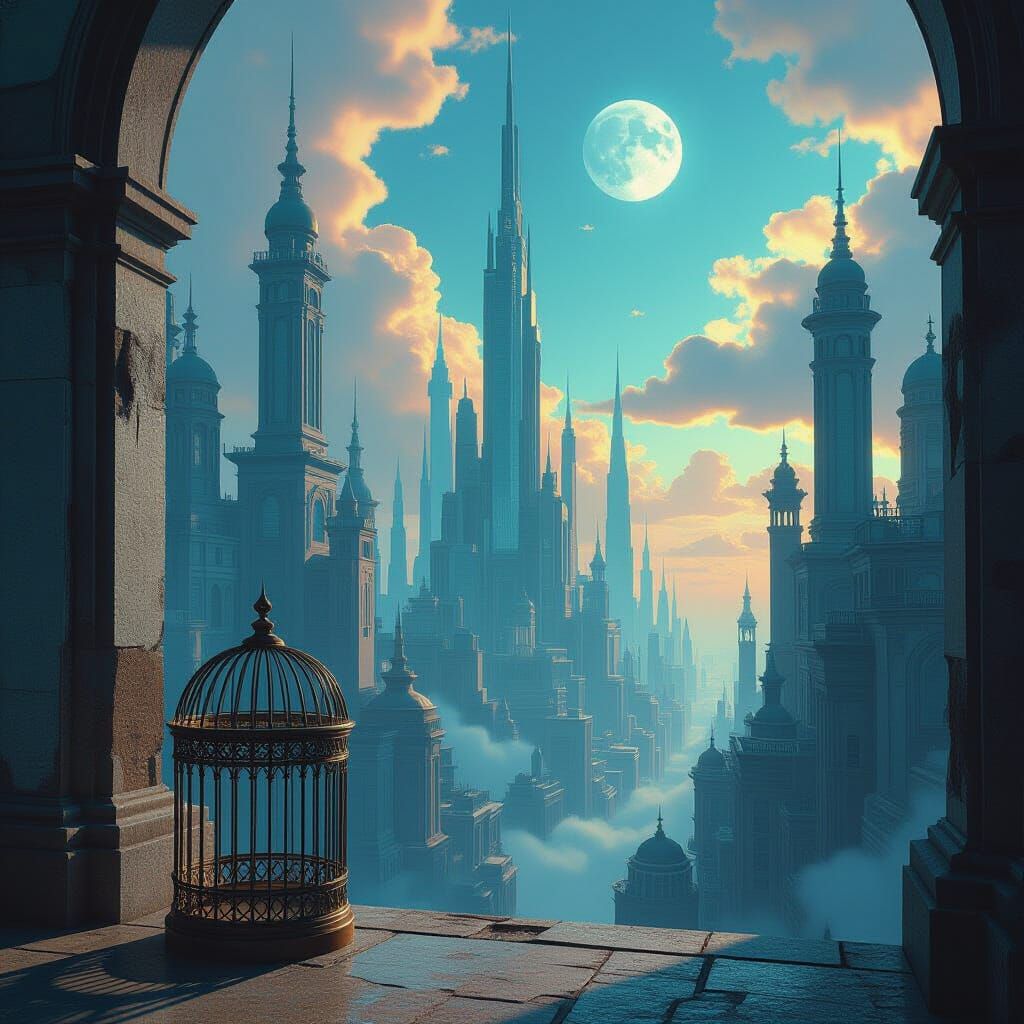 Surreal Futuristic City Under Alien Sky