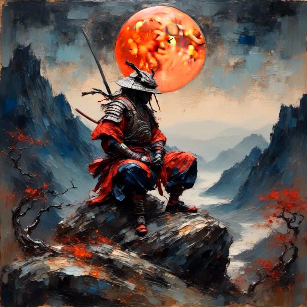 Samurai in Moonlight: An Oil Painting in Ukiyo-e Style