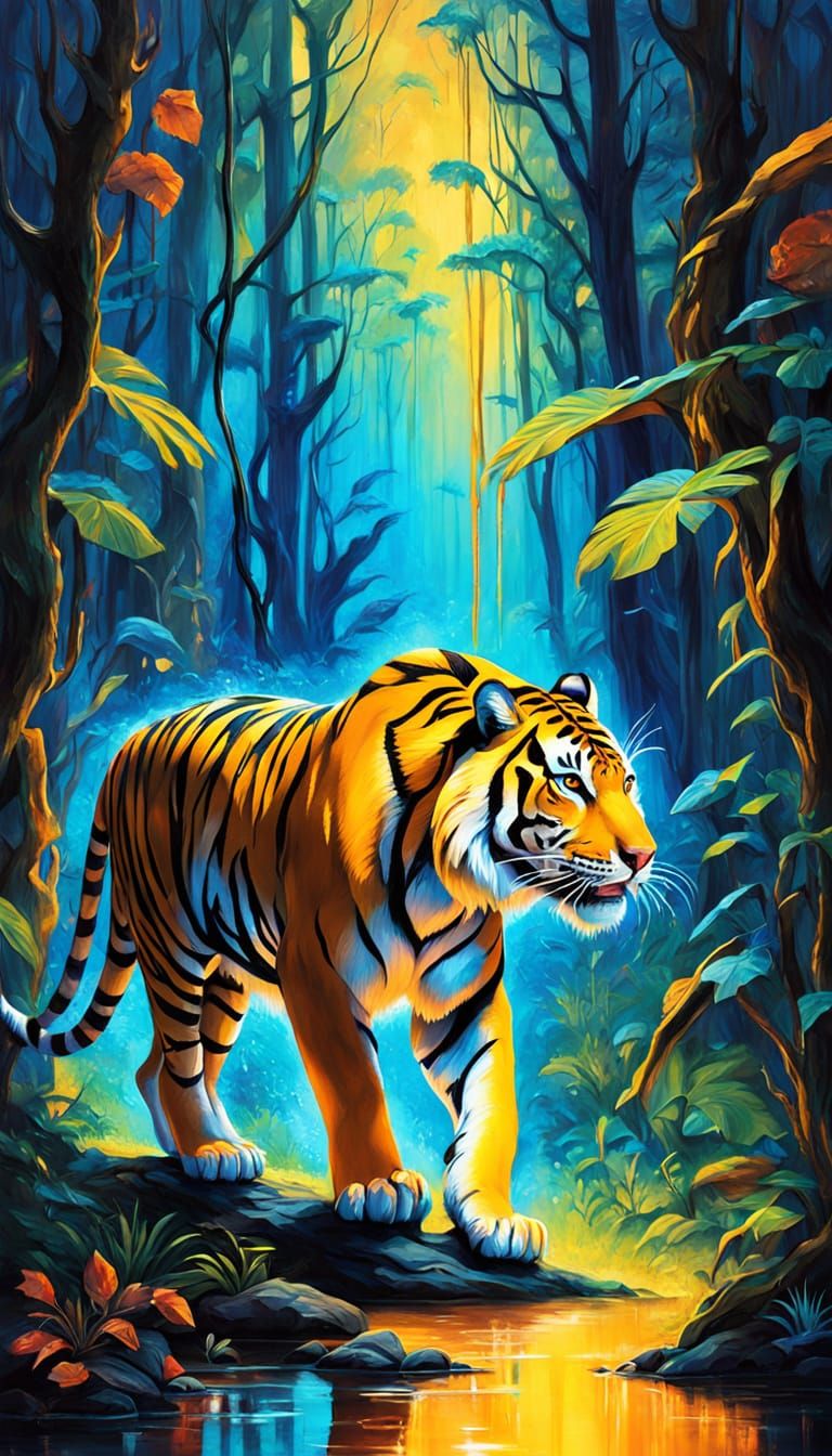 Surreal Cyber-Tiger MKV Stalks Prey in Neon Rainforest