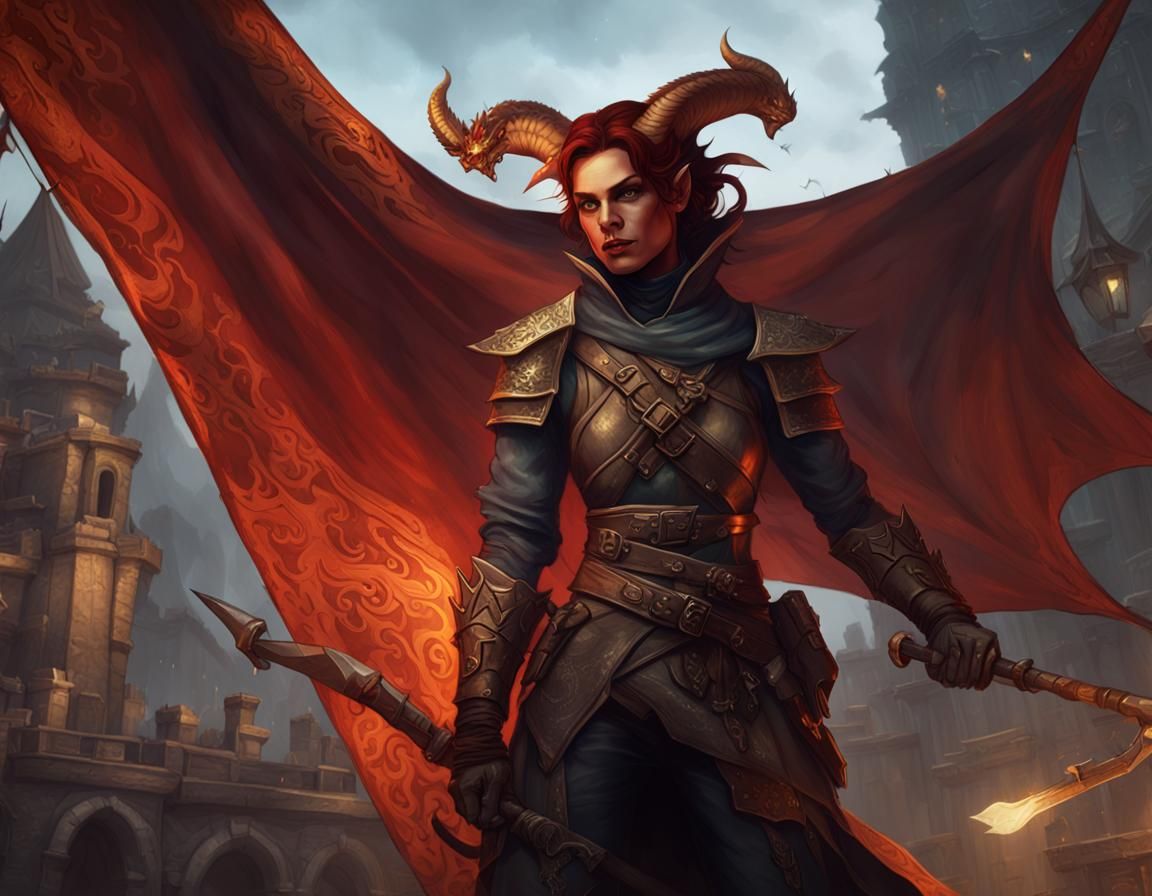 Tiefling Rogue Dragon Banner in Dark Fantasy Style