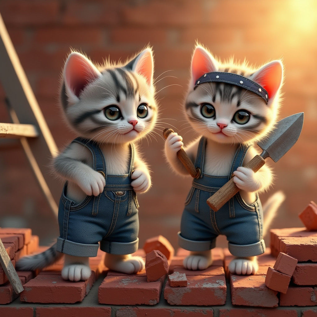 Kittens Building a Brick Wall in Digital Painting Style