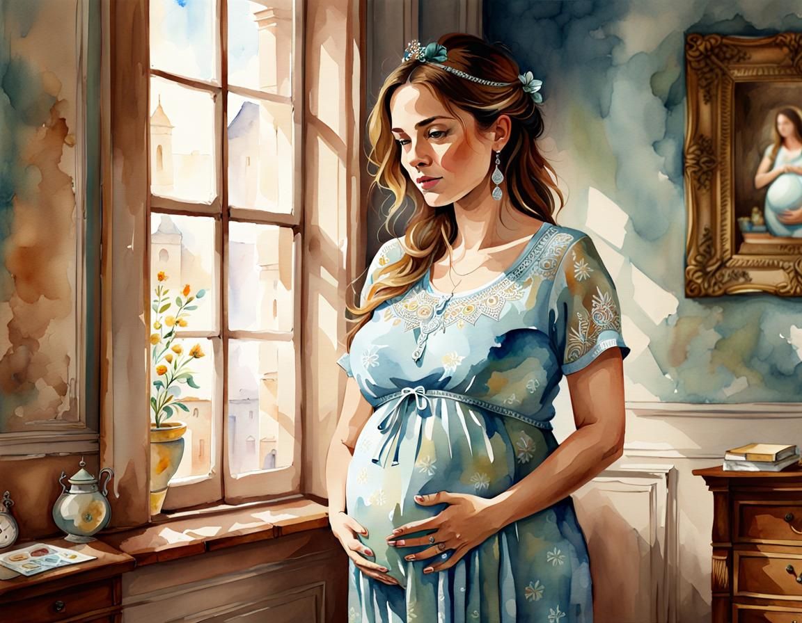 Pregnant Woman in Future Bedroom: Watercolor Painting