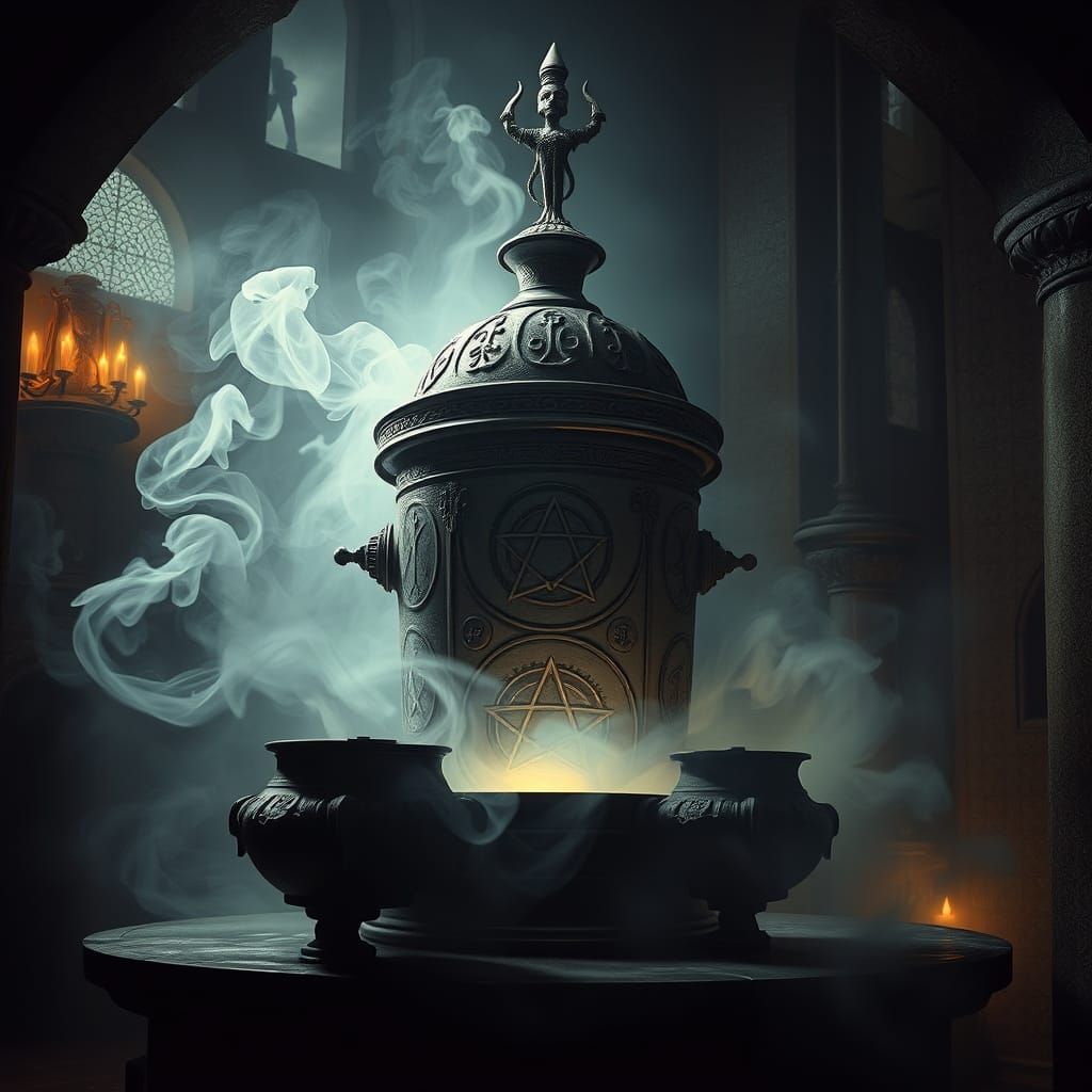 Mystical Alchemical Vessel in Dimly Lit Chamber