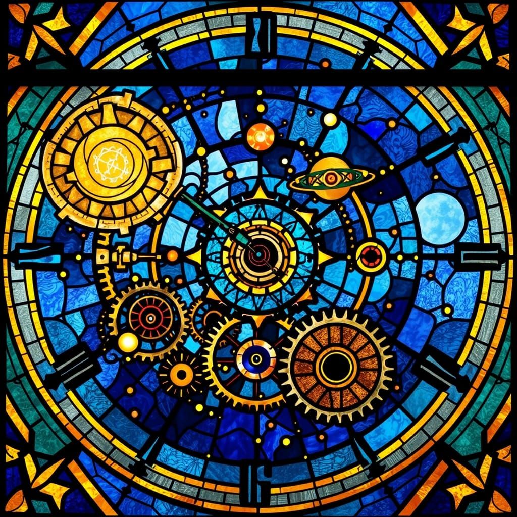Celestial Clockwork in Stained Glass Art Deco Style