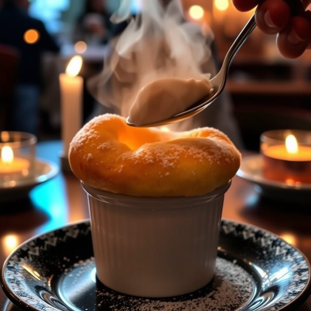 French Dessert Soufflé Rising Above Ramekin in Dimly Lit Bra...