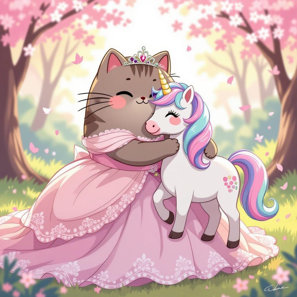 Pusheen and Unicorn in Mucha-Inspired Style