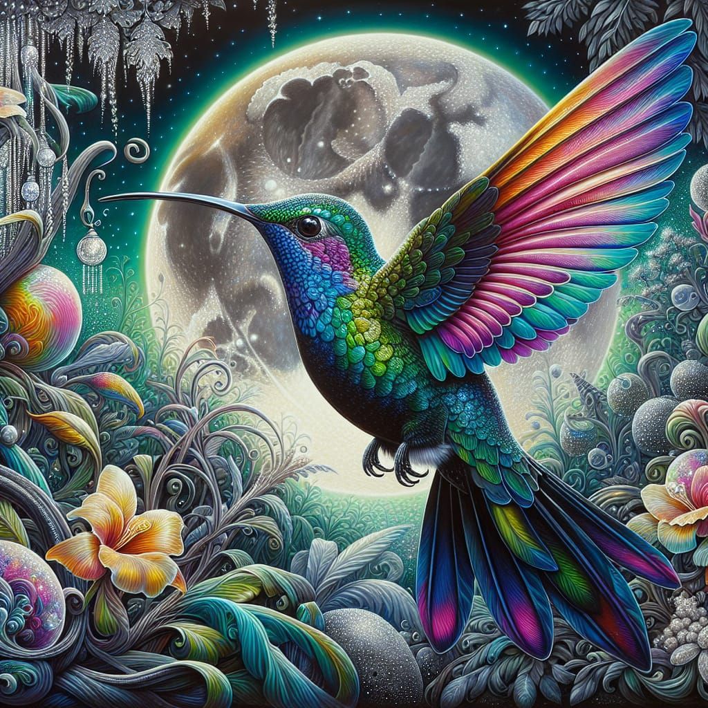 Iridescent Hummingbird in Ethereal Art Nouveau Garden
