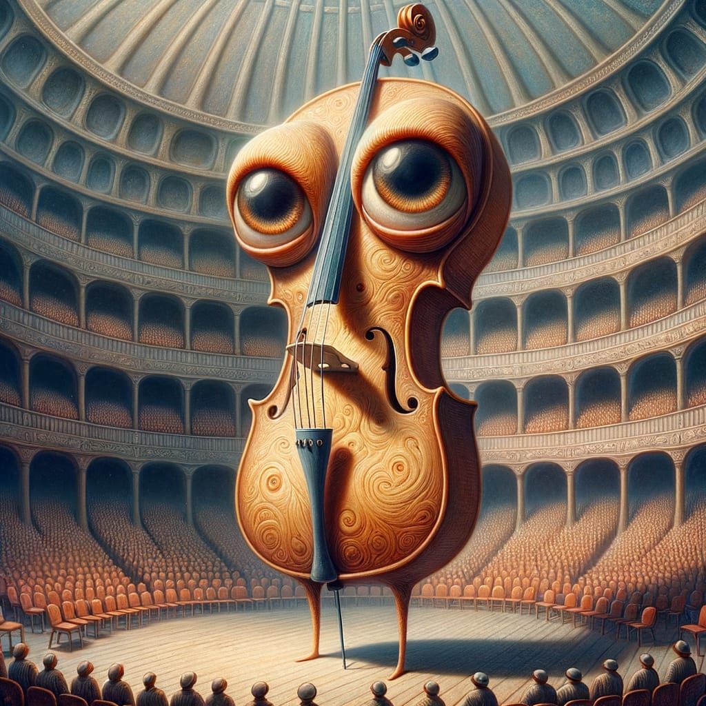 Surreal Anthropomorphic Cello in Vast Concert Hall