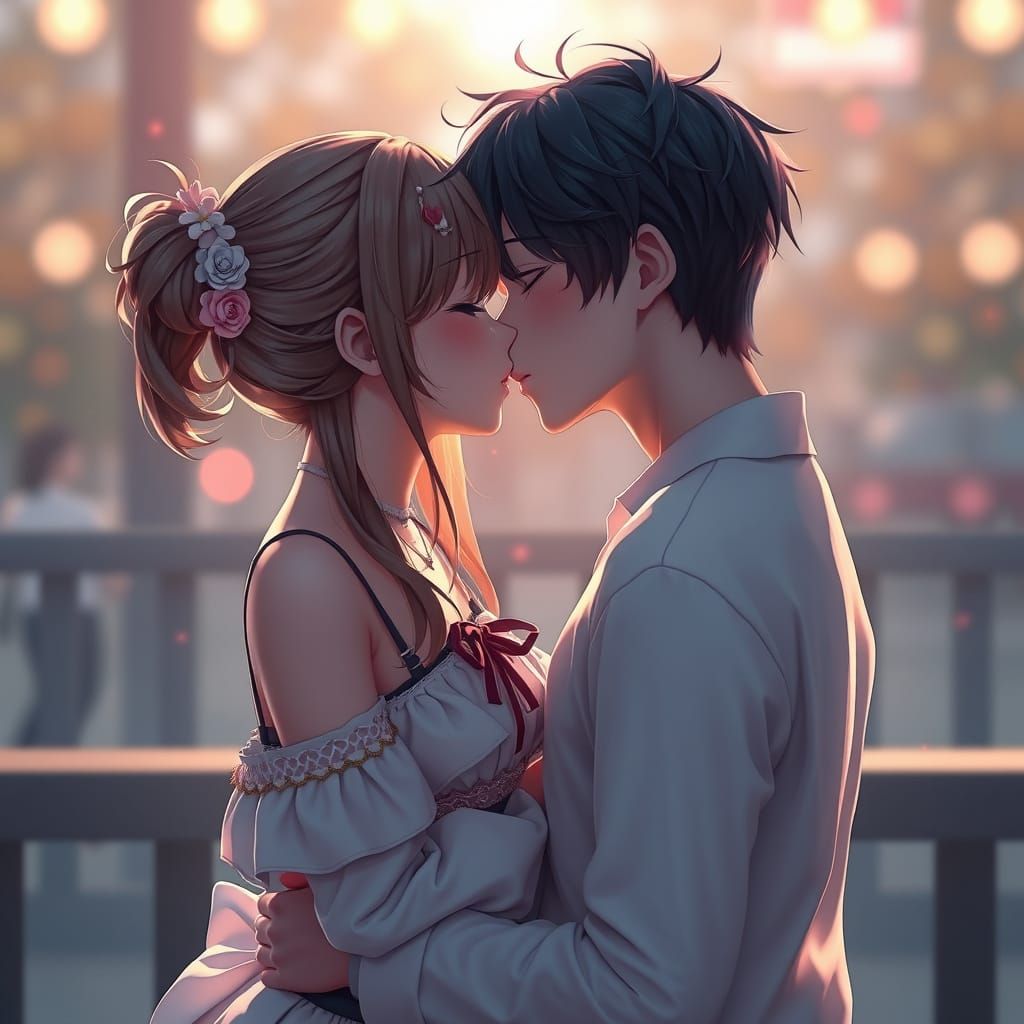 Anime Style Children Kissing: 3D Digital Art