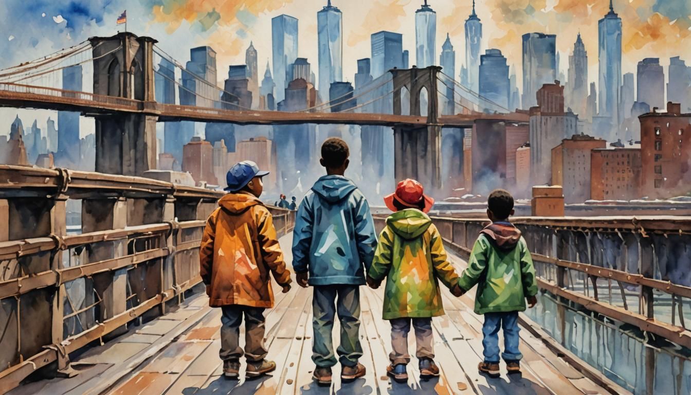 Children on Brooklyn Bridge in Monet Watercolor Style
