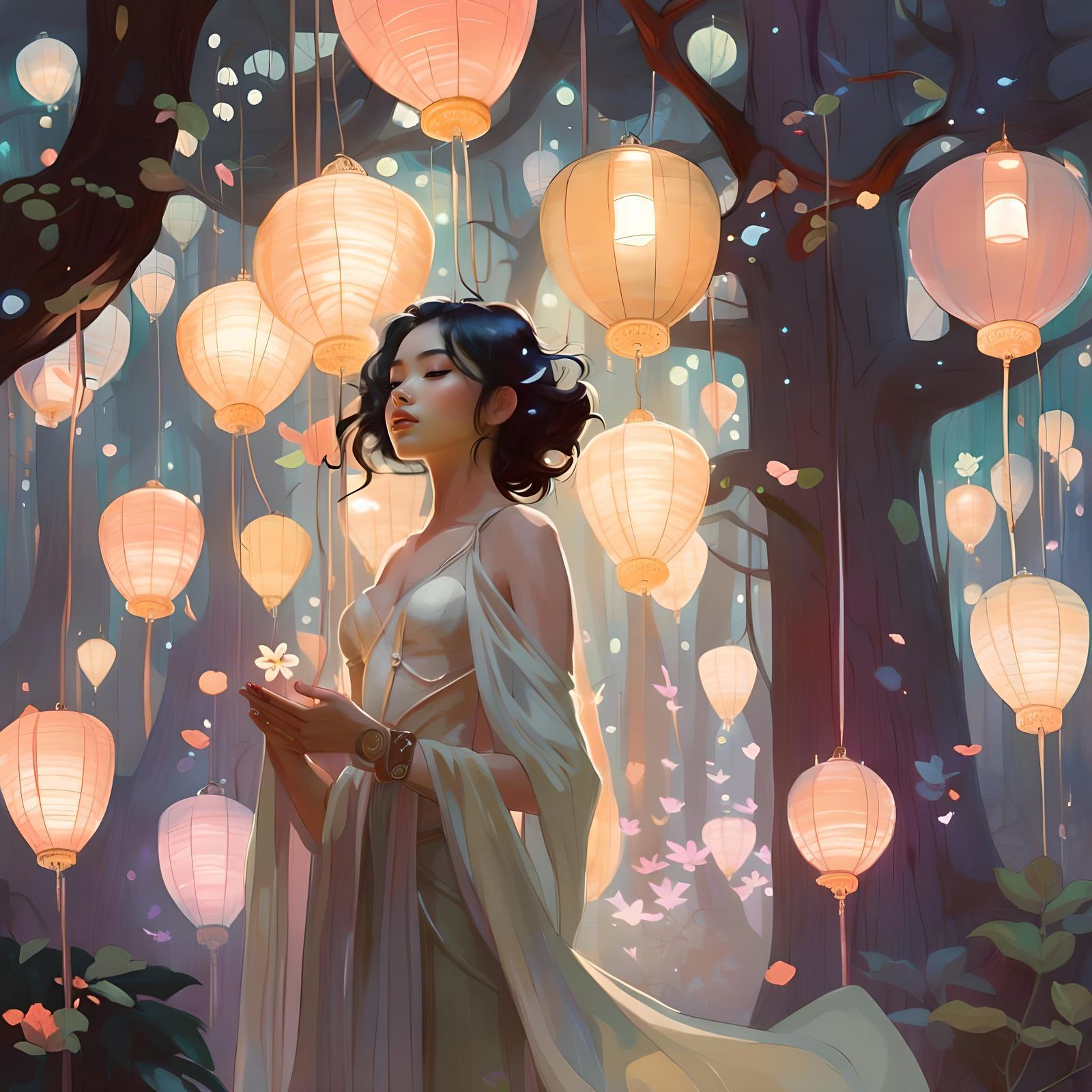 Ethereal Forest at Dusk with Glowing Lanterns