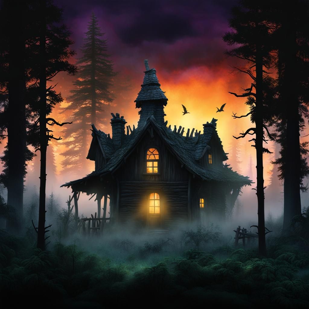 Eerie Forest Hut at Nightfall in Double Exposure