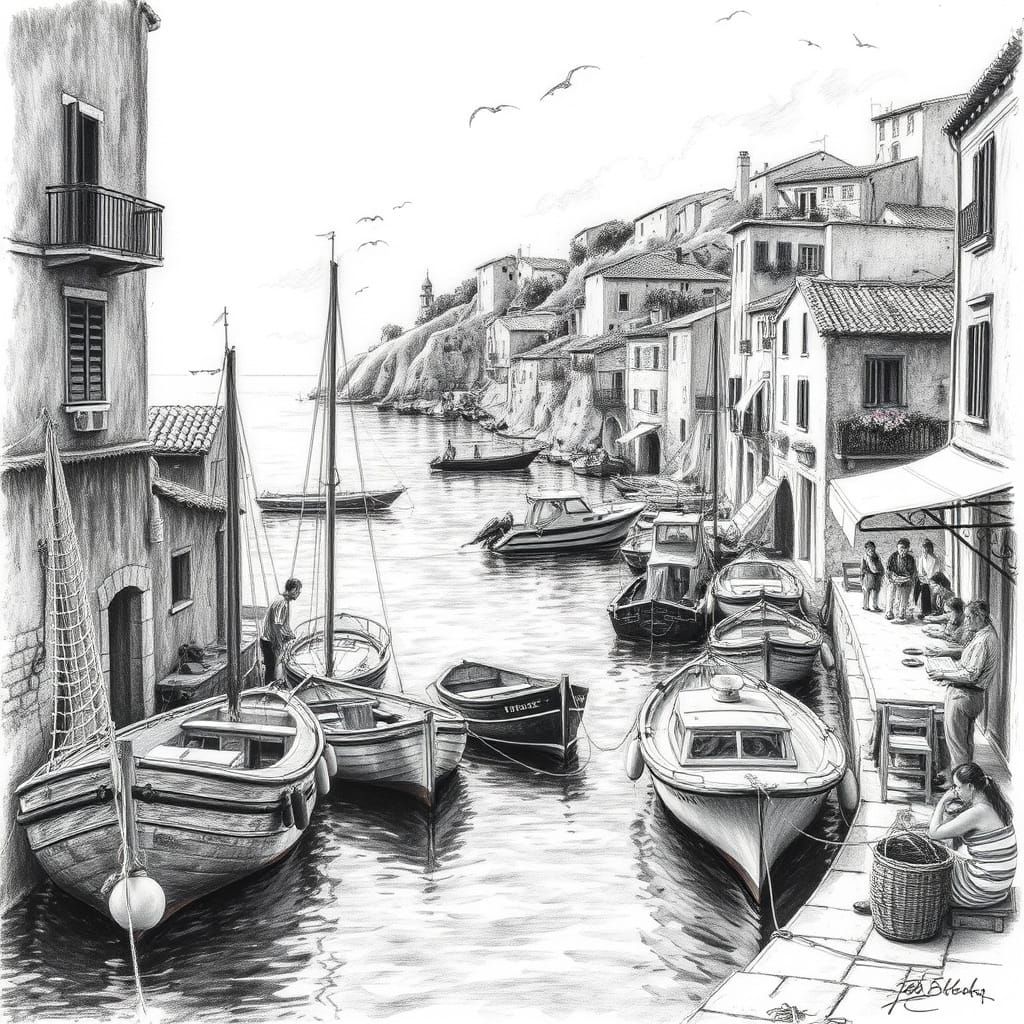 South of France Fishing Port: Boats, Nets, and People