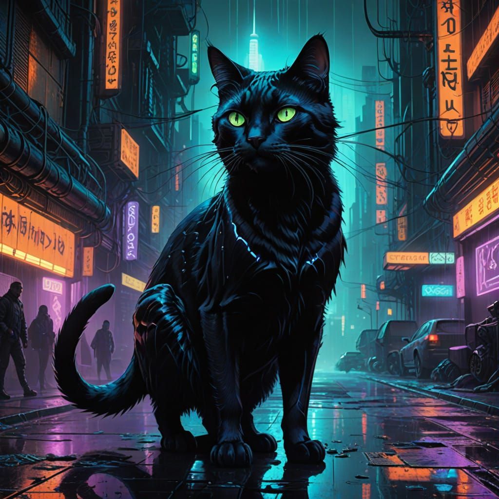 Glowing Black Cat Under Ultraviolet Blacklight in Neon Citys...