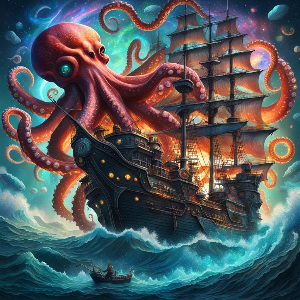 Giant Octopus Attacks Pirate Ship in Astral Art