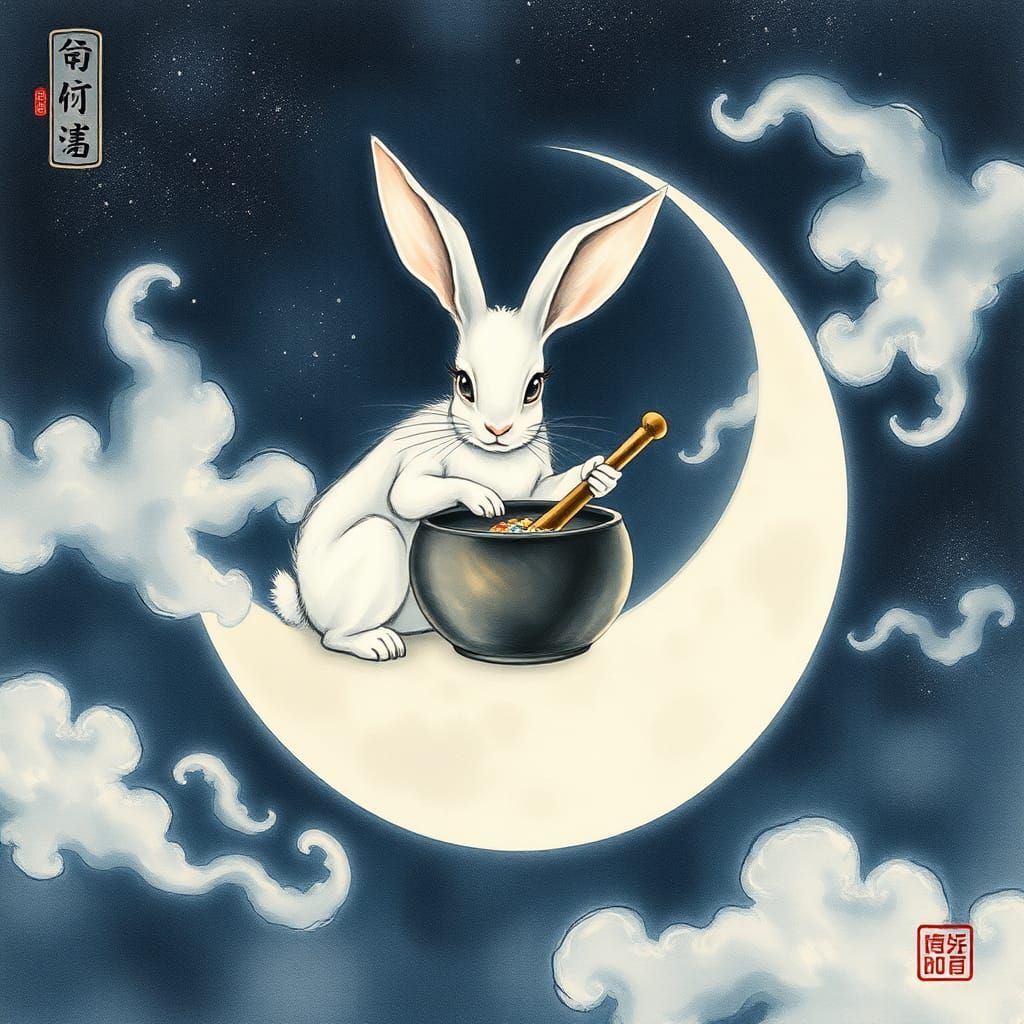 Yutu, The Moon Rabbit Pounding Elixirs (Chinese Folklore)