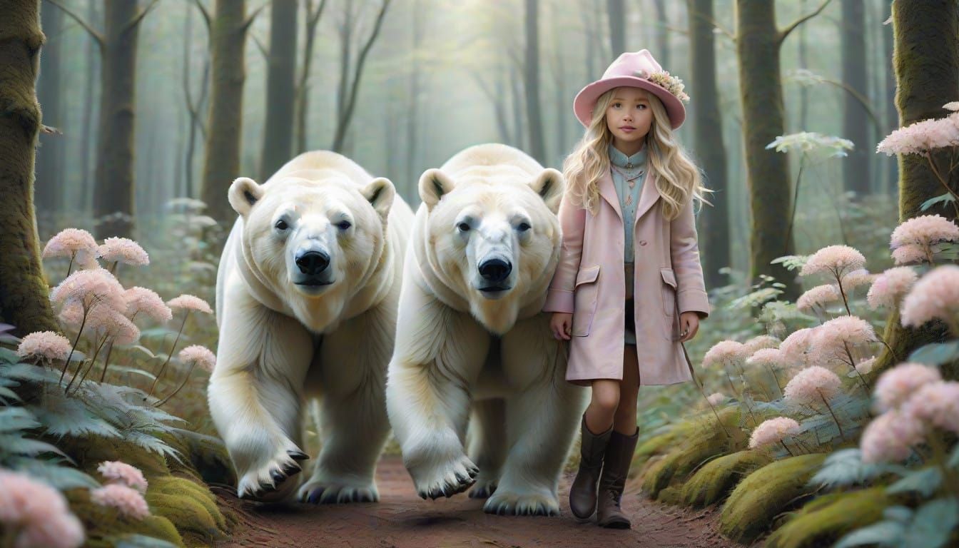 Little Girl Rides Polar Bear Through Whimsical Winter Wonder...