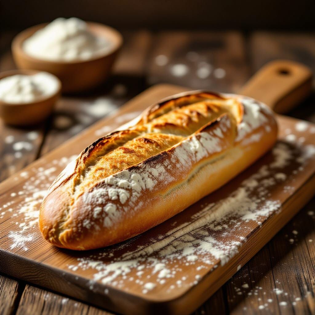 Photorealistic Baguette on Wooden Board