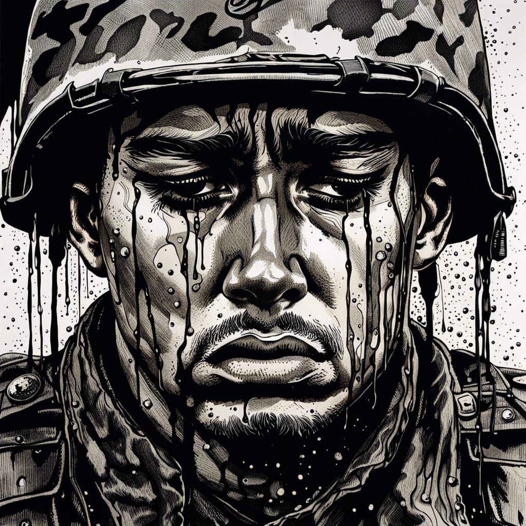 Intricate Ink Portrait of a Crying Soldier